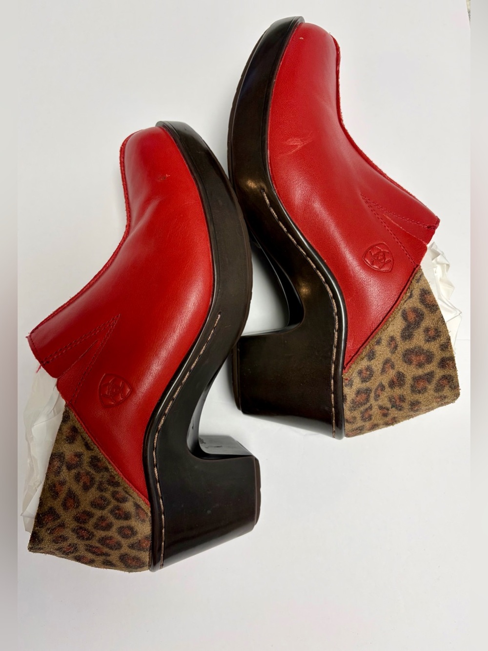 Ariat Red Leather Clogs Mule Heels Leopard Print Platform Comfort Shoes
Sz 8B